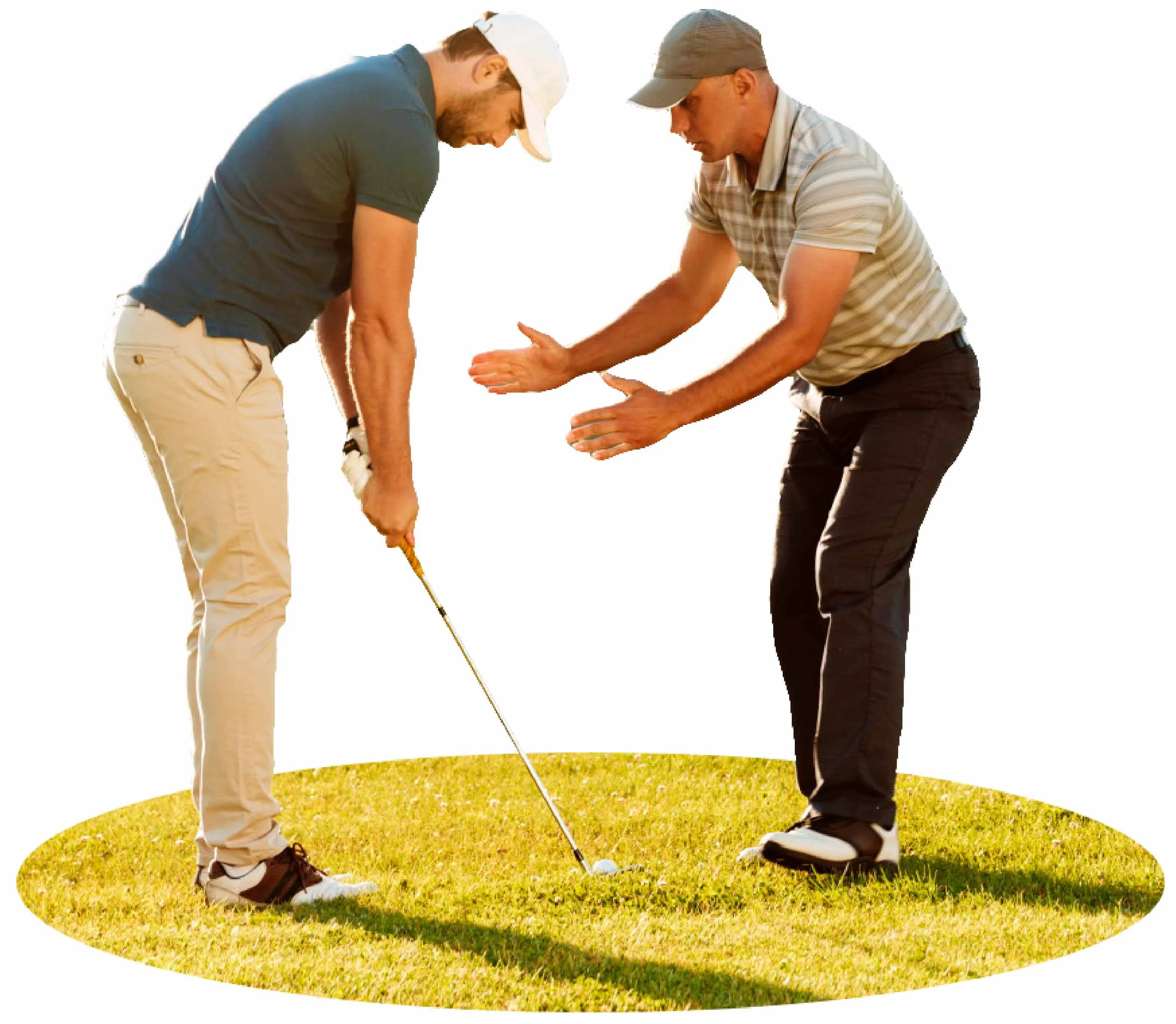 imagem de instrutor ajudando pessoa a jogar golfe